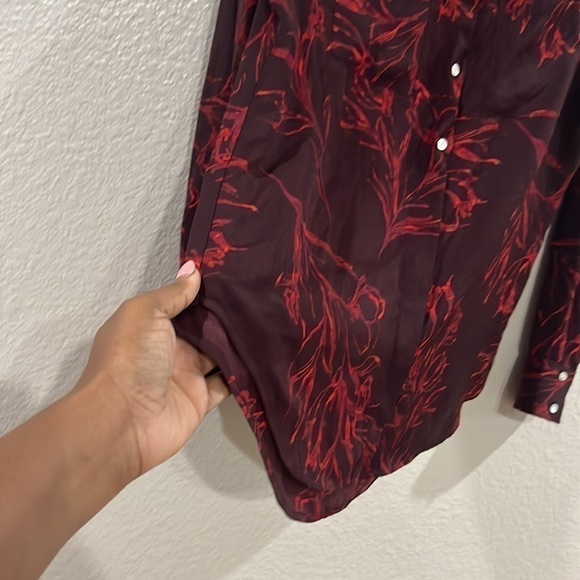A New Day Brown w Red Floral Button Front LS Blouse Top Womens M 100% Polyester - Picture 7 of 12
